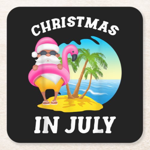 Christmas In July Santa Flamingo Pool Summer Square Paper Coaster