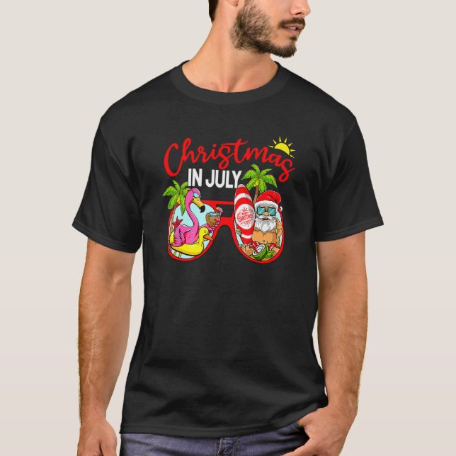 Christmas In July Santa Glasses Flamingo Surfing S T-Shirt (Front)
