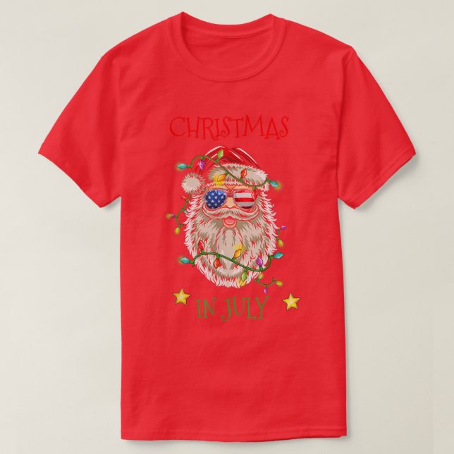 Christmas In July Santa Hat Sunglasses American Fl T-Shirt (Design Front)