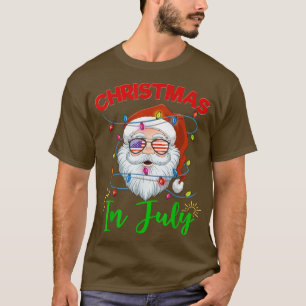 Christmas In July Santa Hat Sunglasses USA Flag Su T-Shirt