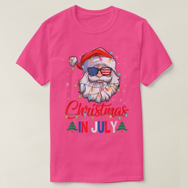 Christmas In July Santa Hat Sunglasses Usa Flag Su T-Shirt (Design Front)