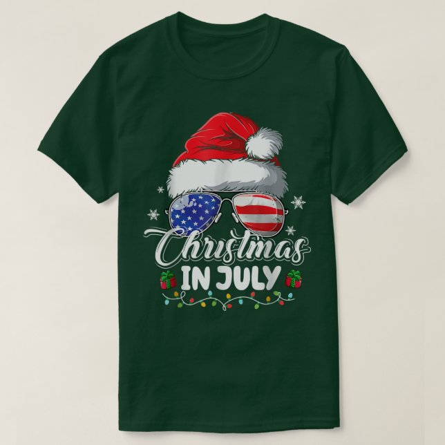 Christmas in July Santa Hat USA Flag Sunglasses Su T-Shirt (Design Front)