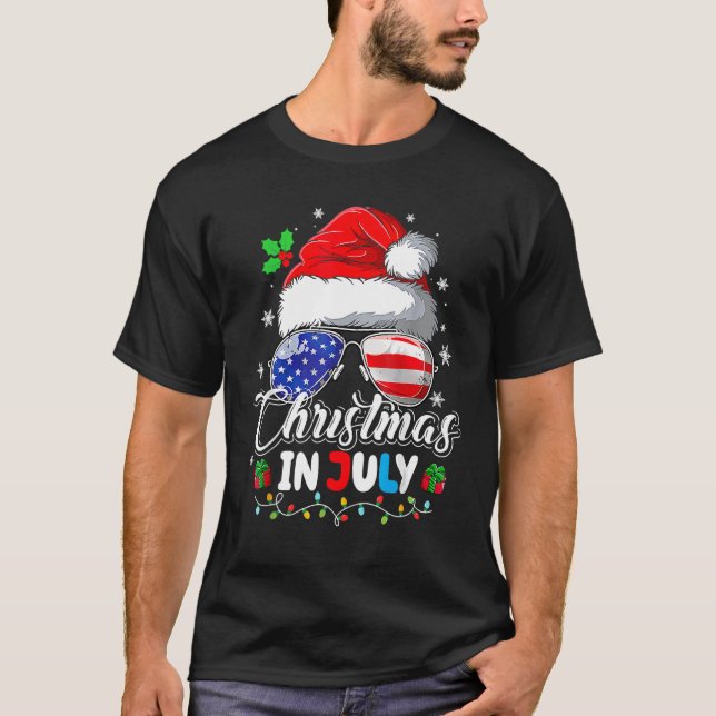 Christmas In July Santa Hat Usa Flag Sunglasses Su T-Shirt (Front)