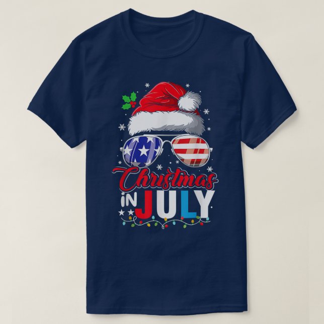 Christmas in July Santa Hat USA Flag Sunglasses  T-Shirt (Design Front)