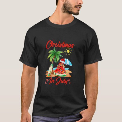 Christmas In July Santa Hat Watermelon Beach Summe T_Shirt