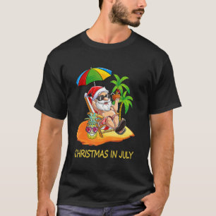 Christmas In July Santa Hawaii Sunglasses Flamingo T-Shirt