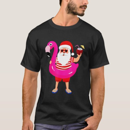 Christmas In July Santa Hawaii Sunglasses Flamingo T_Shirt