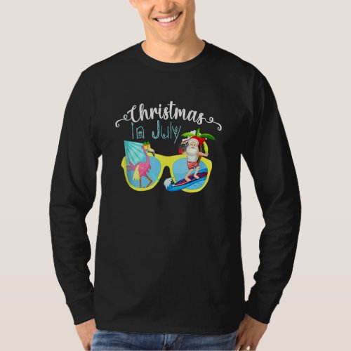 Christmas In July Santa Hawaii Sunglasses Flamingo T_Shirt