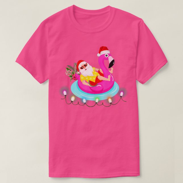 Christmas In July Santa Hawaii Sunglasses Flamingo T-Shirt (Design Front)