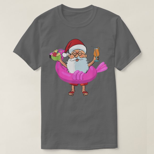 Christmas in July Santa Hawaii Sunglasses Flamingo T-Shirt (Design Front)
