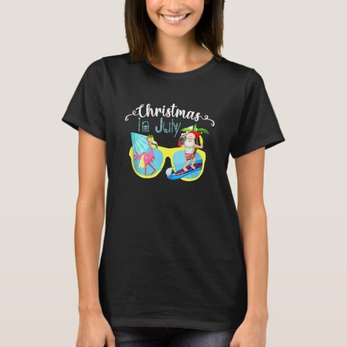 Christmas In July Santa Hawaii Sunglasses Flamingo T_Shirt