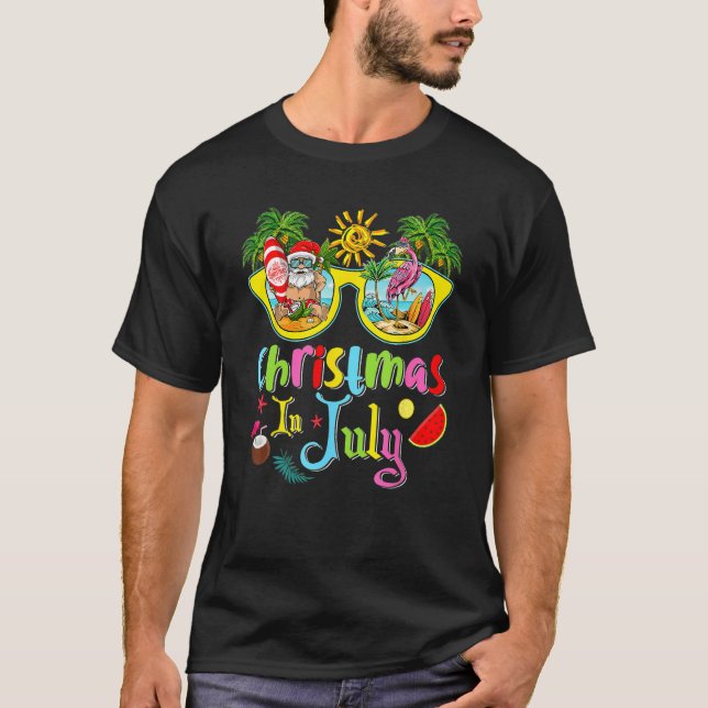Christmas In July Santa Hawaii Sunglasses Pink Fla T-Shirt (Front)