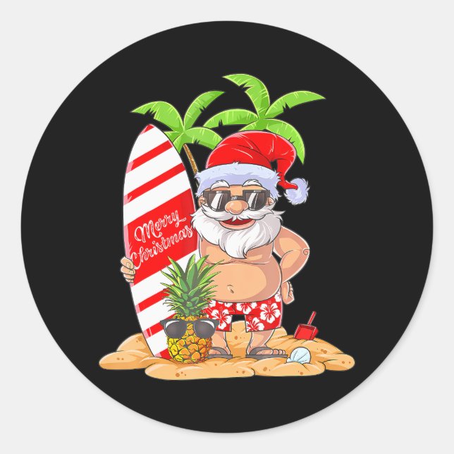 Christmas in July Santa Hawaiian Summer Surf Classic Round Sticker (Front)