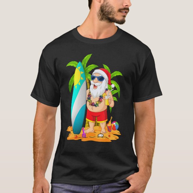 Christmas In July Santa Hawaiian Summer Surf Surfi T-Shirt (Front)