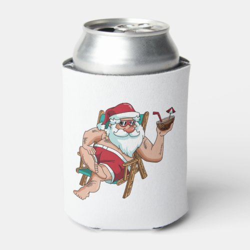 Christmas in July Santa on Beach Independence Day Can Cooler