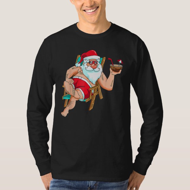 Christmas in July Santa on Beach Independence Day T-Shirt (Front)