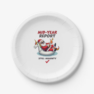 Christmas In July Santa on Unicorn Pool Float Stil Paper Plates