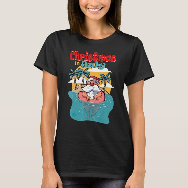 Christmas In July Santa Palm Tree Sun Beach Summer T-Shirt (Front)