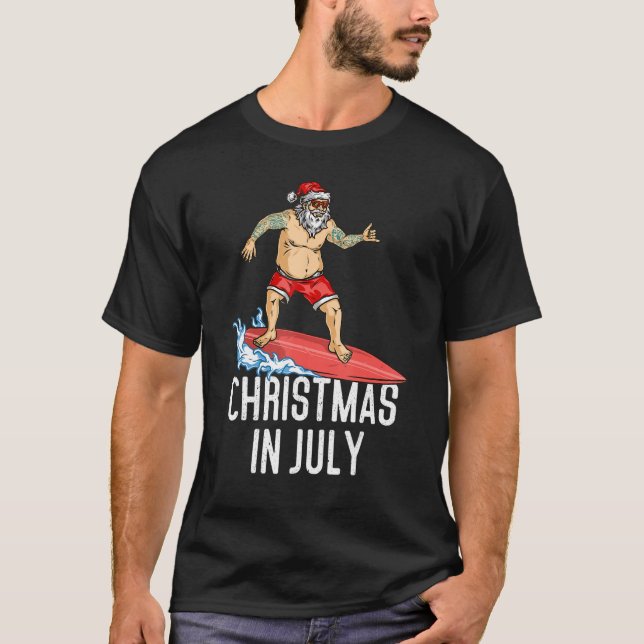 Christmas In July  Santa Summer Surf Surfing Surfe T-Shirt (Front)