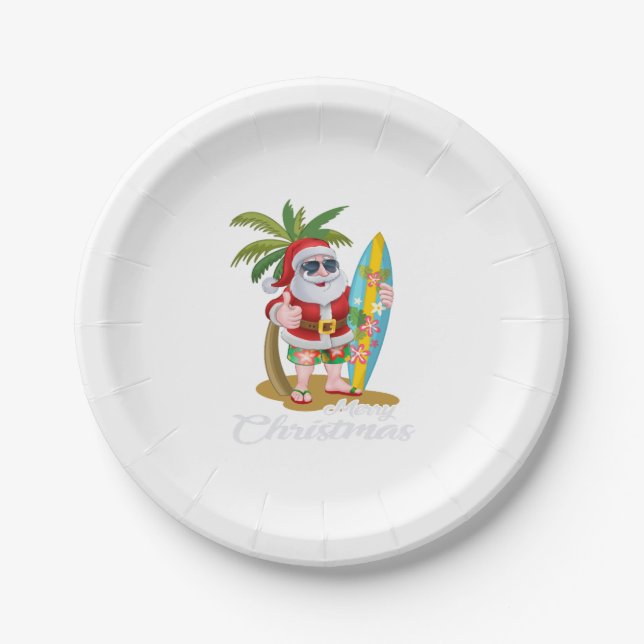 Christmas in July Santa Surf Hawaiian Men Summer Paper Plates (Front)