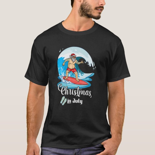 Christmas In July Santa Surf Summer Beach T-Shirt (Front)