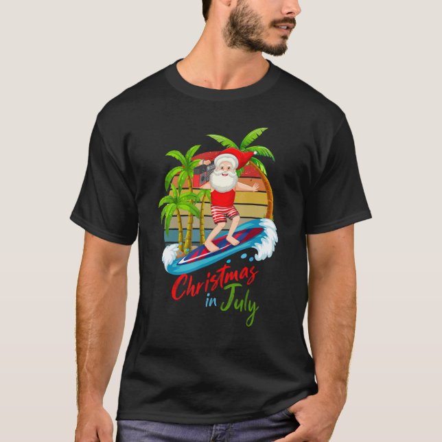 Christmas In July  Santa Surfing Summer Beach Vaca T-Shirt (Front)