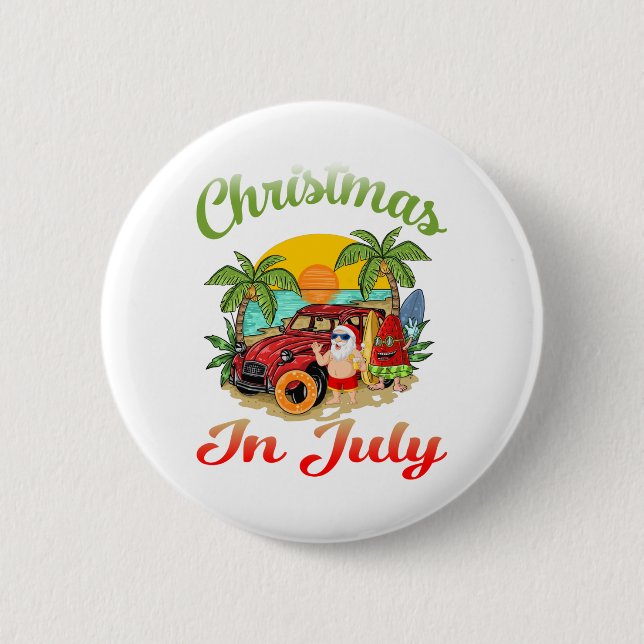 Christmas in July Santa Surfing Summer Santa Hawai Button (Front)