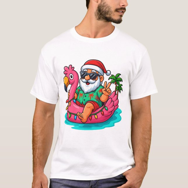 Christmas In July Santa Swimming At Pool Flamingo  T-Shirt (Front)