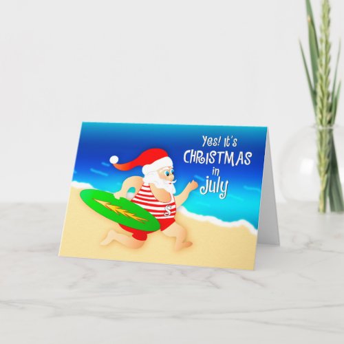 Christmas in July Santa Vintage Swimsuit Surfing Card