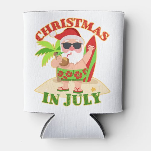 Christmas in July Santa with Surfboard Can Cooler