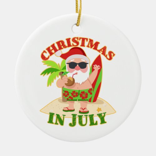 Christmas in July Santa with Surfboard Ceramic Ornament