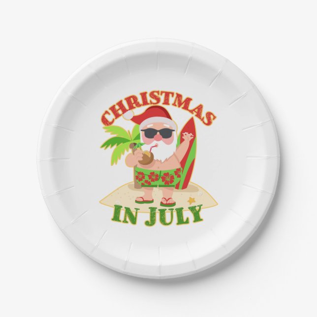 Christmas in July Santa with Surfboard Paper Plates (Front)