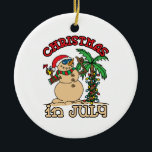 Christmas in July Snowman Sand Beach Ceramic Ornament<br><div class="desc">Cool Christmas in July design features snowman made out of sand standing next to palm tree</div>
