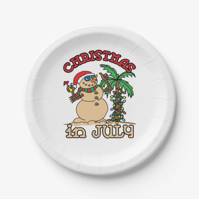 Christmas in July Snowman Sand Beach Paper Plates (Front)