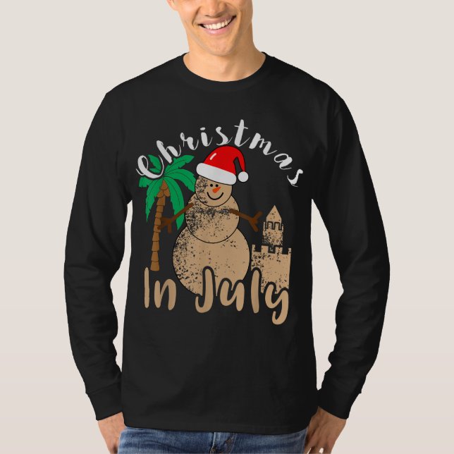 Christmas In July Snowman Sand Castle Palm Tree Sa T-Shirt (Front)