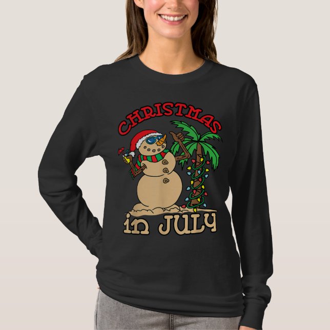 Christmas In July Snowman Sand Palm Tree Summer T-Shirt (Front)