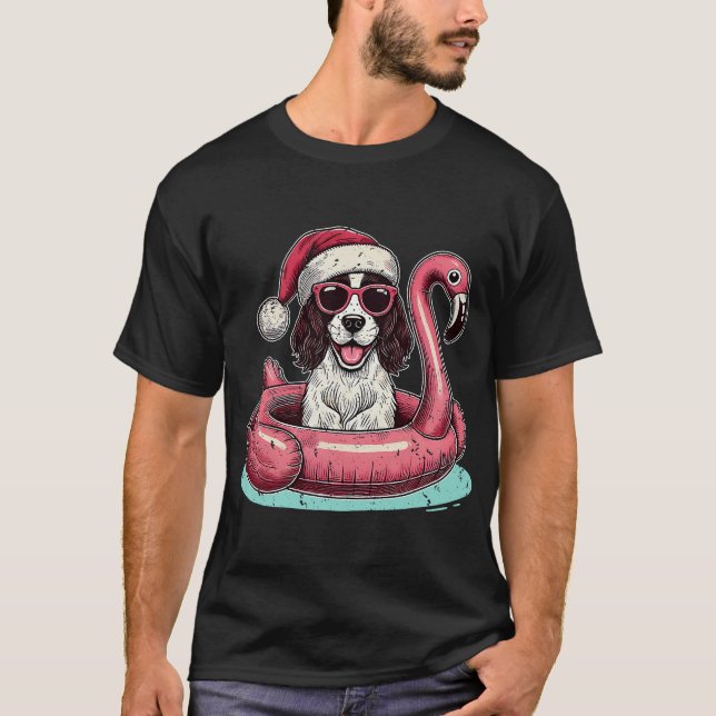 Christmas in July Springer Spaniel Santa Flamingo  T-Shirt (Front)