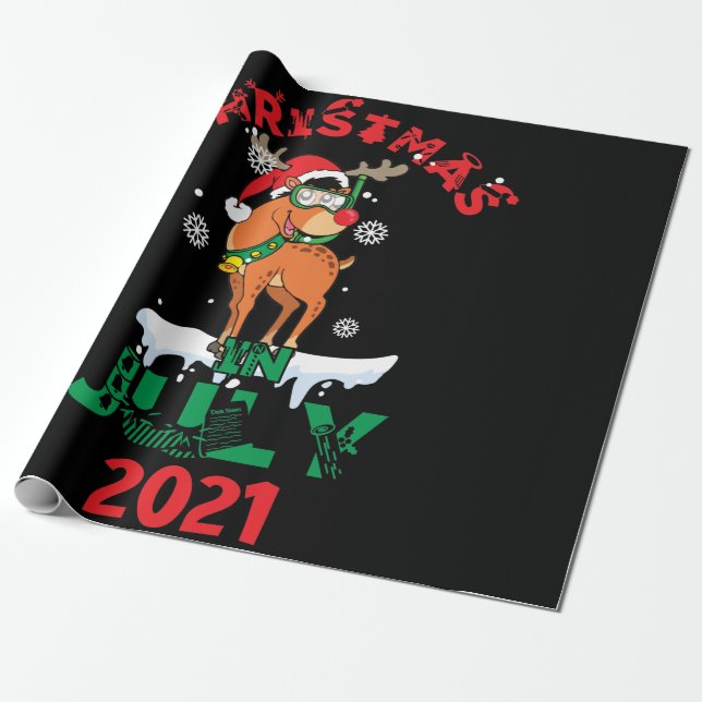 Christmas In July Summer 2021 Reindeer Snow Merry Wrapping Paper (Unrolled)
