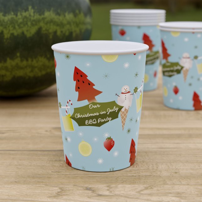 Christmas In July Summer BBQ Party Paper Cups (🍉Just add your name! Perfect paper cup for Christmas in July (and the one in December) 🍉)