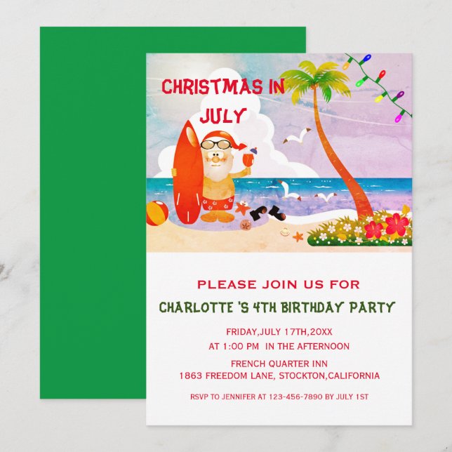 Christmas In July Summer Birthday Party Invitation (Front/Back)
