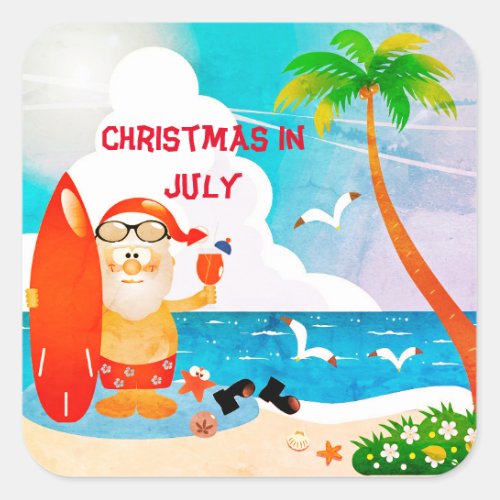  Christmas In July Summer Party Santa Claus Square Sticker