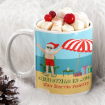 Christmas in July Summer Santa Claus Beach House Coffee Mug<br><div class="desc">This cute custom Christmas in July mug makes a perfect summer party favor gift for a beach bash or pool gathering. Make it a fun north pole themed extravaganza with Santa Claus in his swimming trunks next to a red and white striped beach umbrella and gifts. I've never seen Mr....</div>