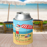 Christmas in July Summer Santa Claus Beach Party Can Cooler<br><div class="desc">This cute custom Christmas in July can cooler makes a perfect summer party favor for a beach bash or pool gathering. Make it a fun north pole themed extravaganza with Santa Claus in his swimming trunks next to a red and white striped beach umbrella and gifts. I've never seen Mr....</div>