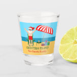 Christmas in July Summer Santa Claus Beach Party Shot Glass<br><div class="desc">This cute custom Christmas in July shot glass makes the perfect summer party favor for a beach bash or pool gathering. Make it a fun north pole themed extravaganza with Santa Claus in his swimming trunks next to a red and white striped beach umbrella and gifts. I've never seen Mr....</div>