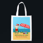 Christmas in July Summer Santa Claus Cute Beach Grocery Bag<br><div class="desc">This cute custom Christmas in July reusable grocery bag makes a perfect summer party gift for a beach bash or pool gathering. Make it a fun north pole themed extravaganza with Santa Claus in his swimming trunks next to a red and white striped beach umbrella and gifts. I've never seen...</div>