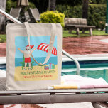 Christmas in July Summer Santa Claus Cute Beach Tote Bag<br><div class="desc">This cute custom Christmas in July tote bag makes a perfect summer party gift for a beach bash or pool gathering. Make it a fun north pole themed extravaganza with Santa Claus in his swimming trunks next to a red and white striped beach umbrella and gifts. I've never seen Mr....</div>