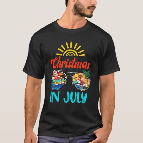 Christmas In July Sunglasses Santa Flamingo Summer T_Shirt