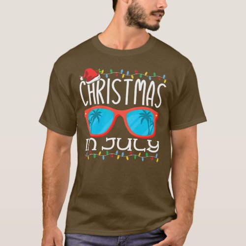 Christmas In July Sunglasses Santa Hat Lights T_Shirt