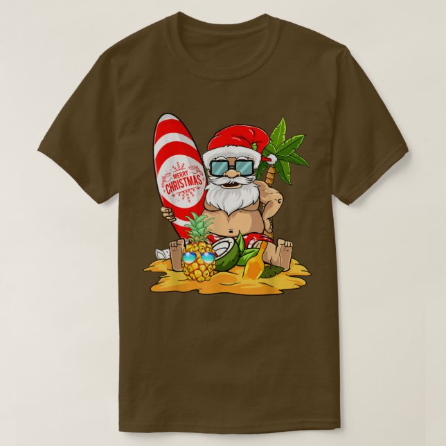 Christmas In July Surfing Funny Santa Summer Beach T-Shirt (Design Front)