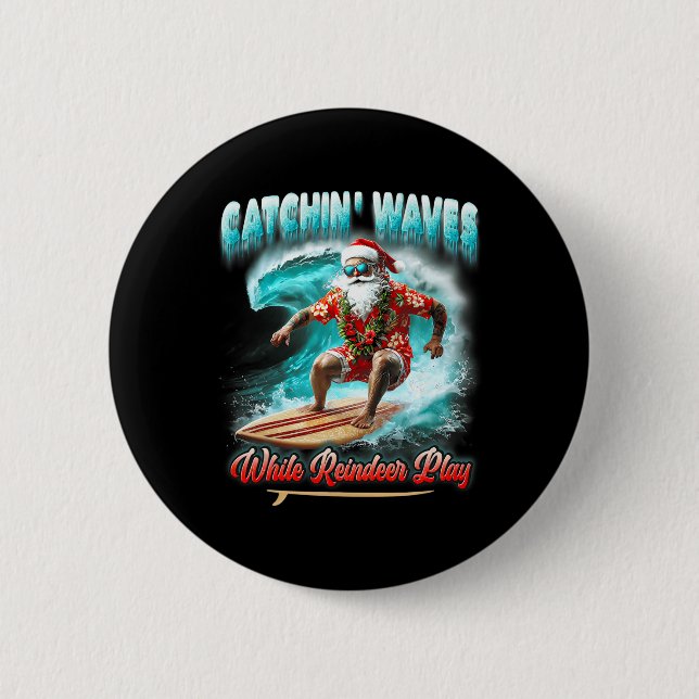 Christmas In July Surfing Santa Catchin Waves Rein Button (Front)